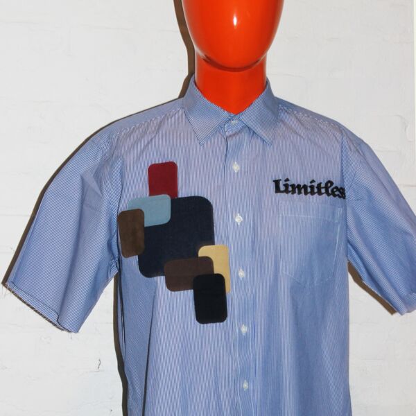 Upcycled Button-Up Short Sleeve Collared Shirt Blue White Stripes, Patchwork & Embroidery, Size Large Thumbnail