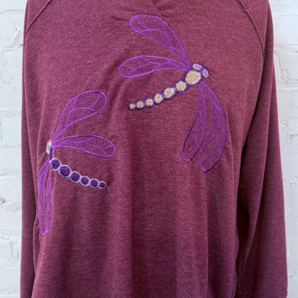 Upcycled Dragonfly Embroidery Sonoma Burgundy Hooded Long Sleeve T-Shirt Activewear, Unisex XL, Custom Created Thumbnail