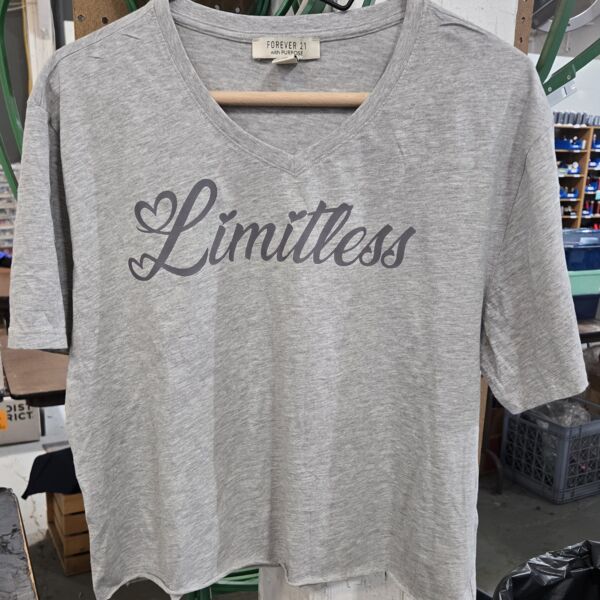 Cropped Limitless Forever 21 Heather Gray Short Sleeve Tee, Ladies XL V-Neck, Custom Created Thumbnail